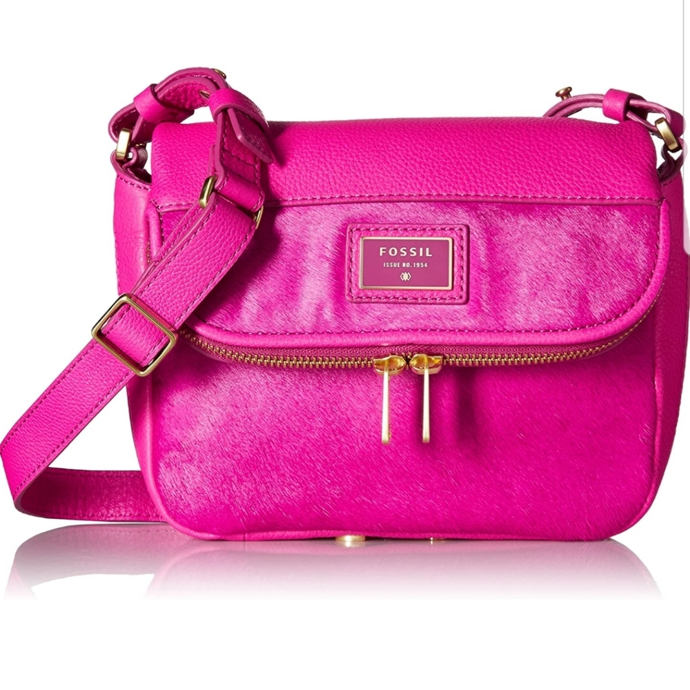 FOSSIL Preston Crossbody Bag Purse Hot Pink Leather & Fur Like New